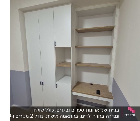 ארון מדפים ושולחן עבודה מעץ בחדר
